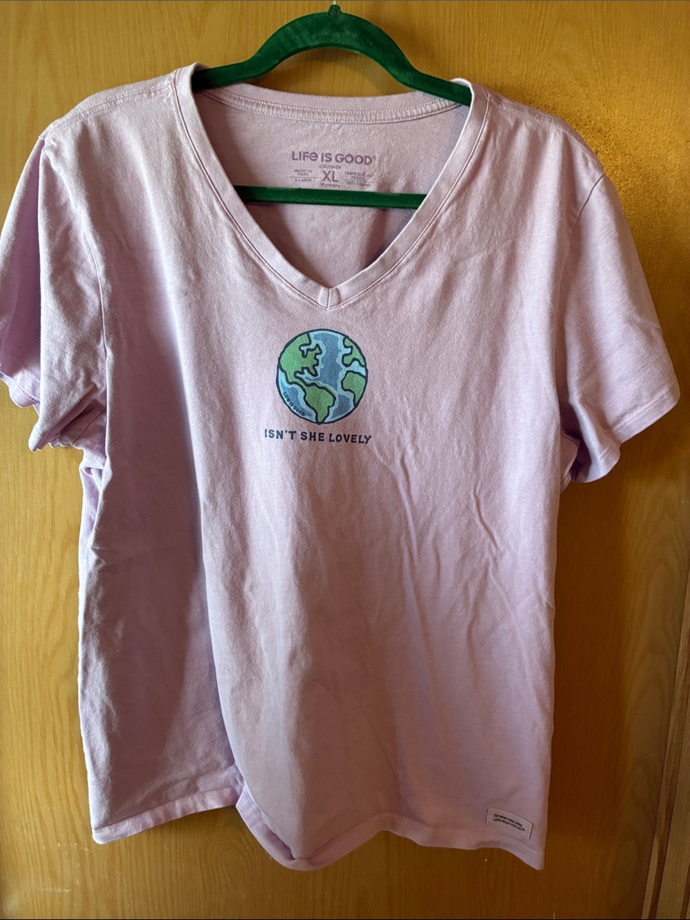 Women’s crusher tee Life Is Good Lavender V-Neck Tee with Earth Graphic